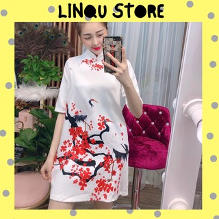 Đầm suông cổ tàu in hình hạc mặc tết 2021 dễ thương dưới 60kg