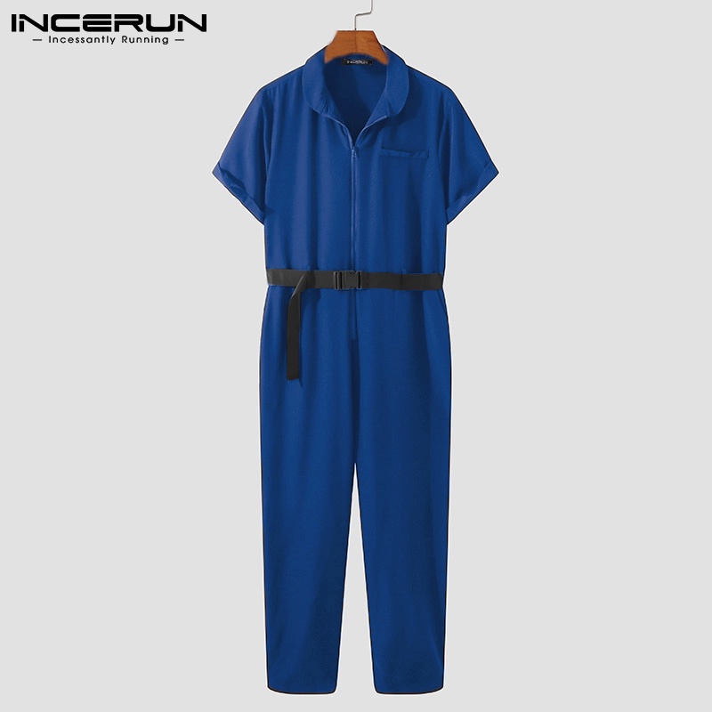 Áo liền quần INCERUN tay ngắn cổ bẻ có thắt lưng phối dây kéo thời trang cho nam