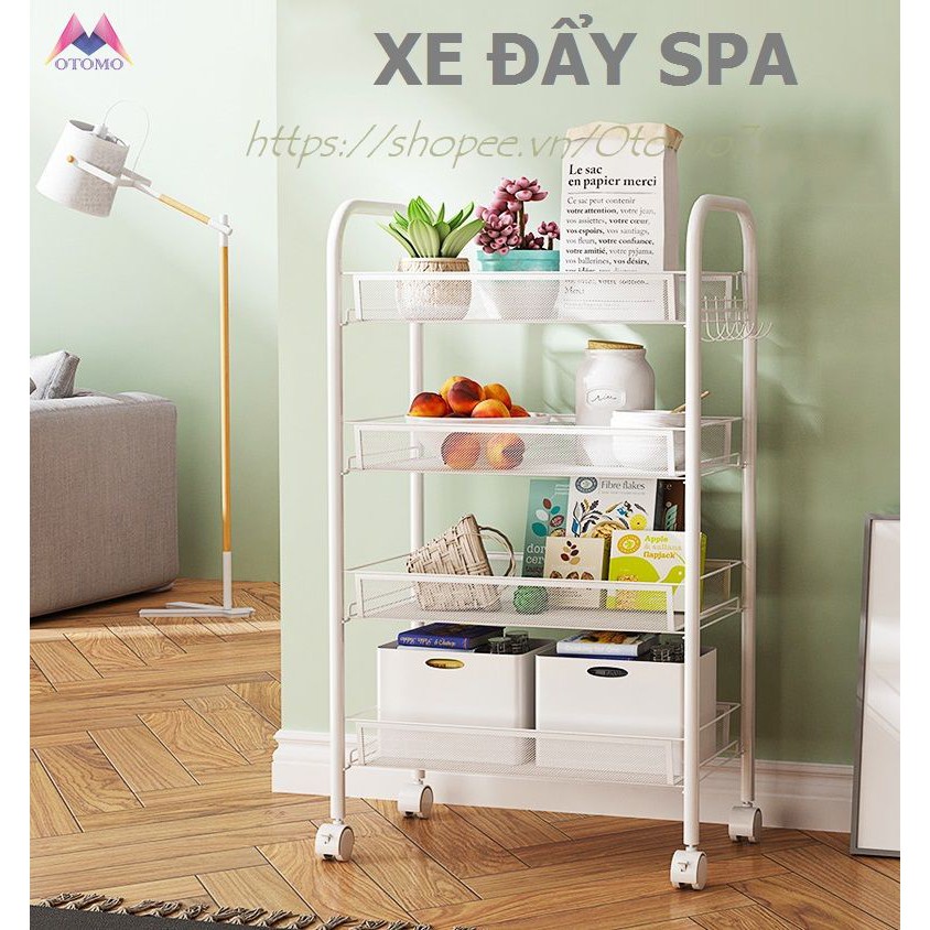 Xe Đẩy Spa 4 Tầng Chất Liệu Thép Sơn Tĩnh Điện, Kệ Đa Năng Khay Lưới Thép Có Bánh Xe