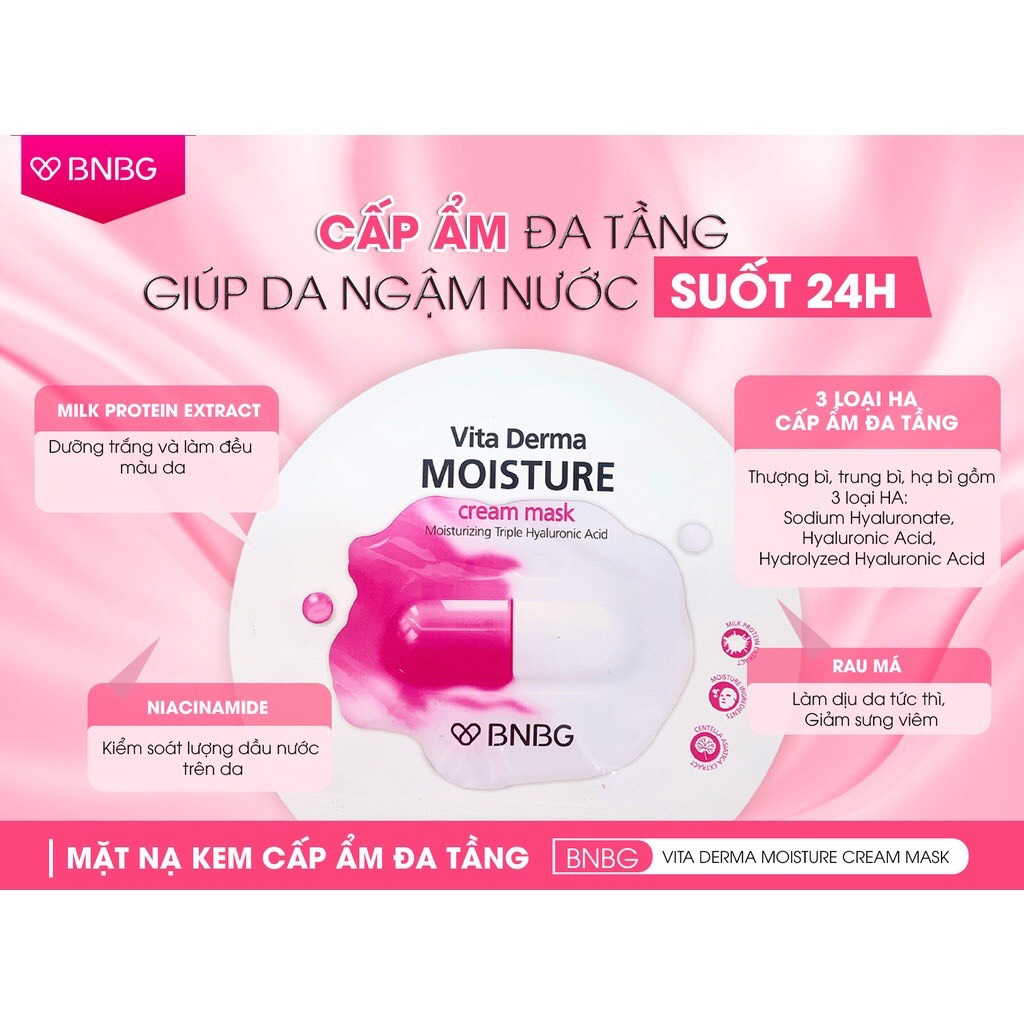 Mặt Nạ BNBG Hồng  Cấp Ẩm Đa Tầng Thúc Đẩy Tái tạo Dưỡng Trắng Phục Hồi Da Vita Derma Moisture Cream Mask 30ml