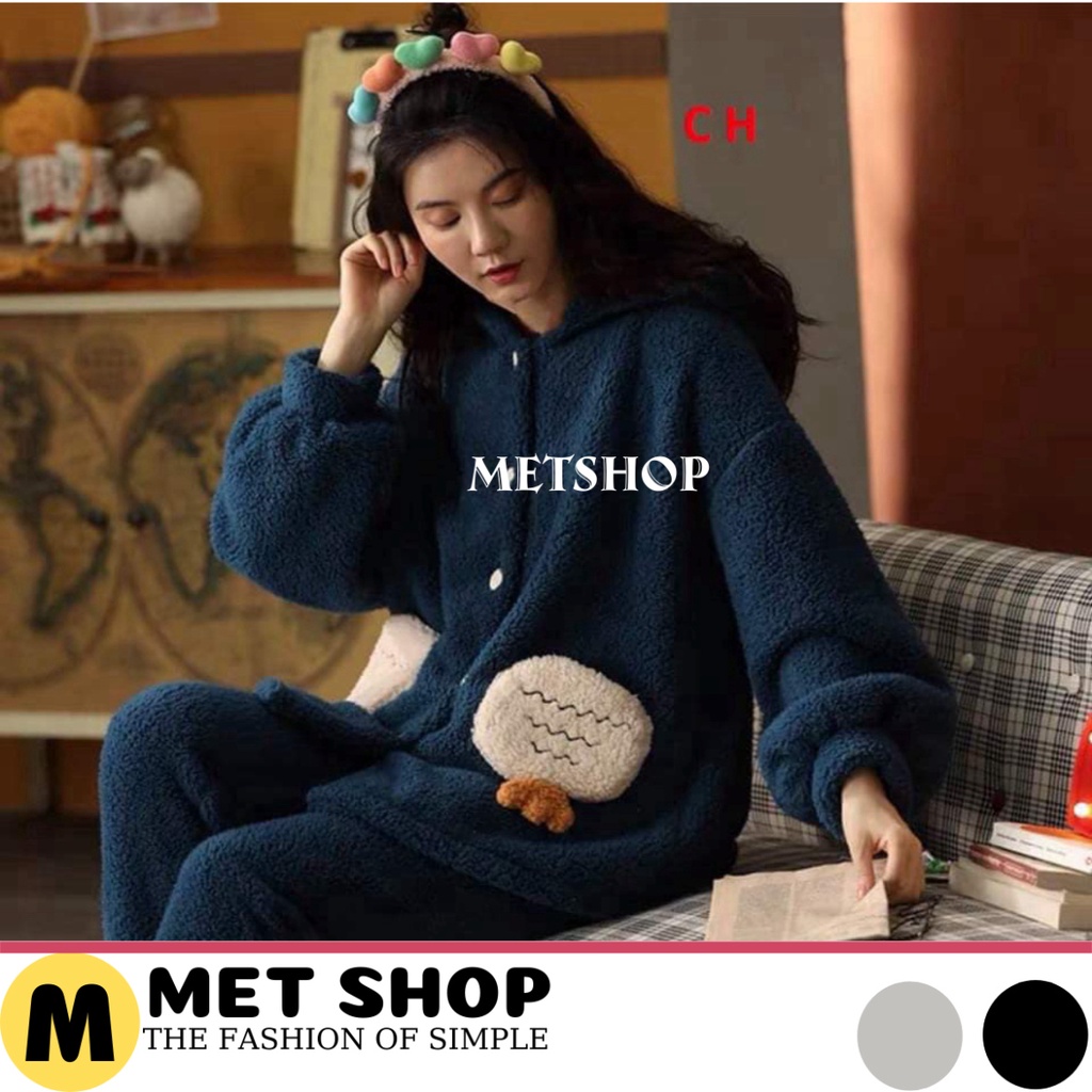 Sét bộ ngủ mùa đông lông cừu túi chân vịt ấm áp, bộ đồ thu đông mặc nhà giữ nhiệt tốt, đồ ngủ nữ hàn quốc.