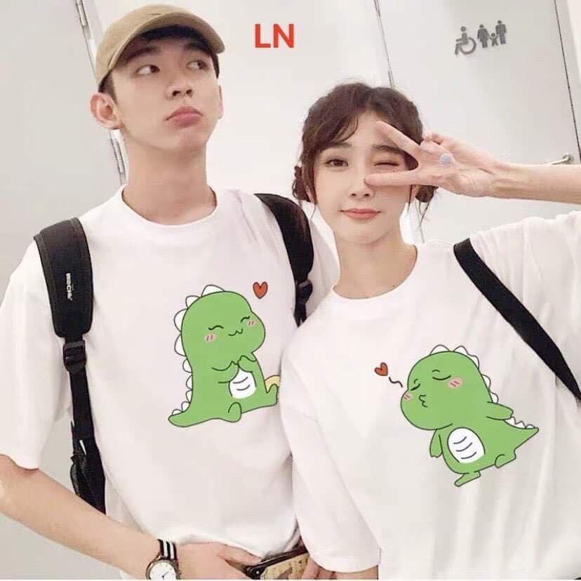 Áo đôi nam nữ, áo cặp nam nữ in hình khủng long thổi tim
