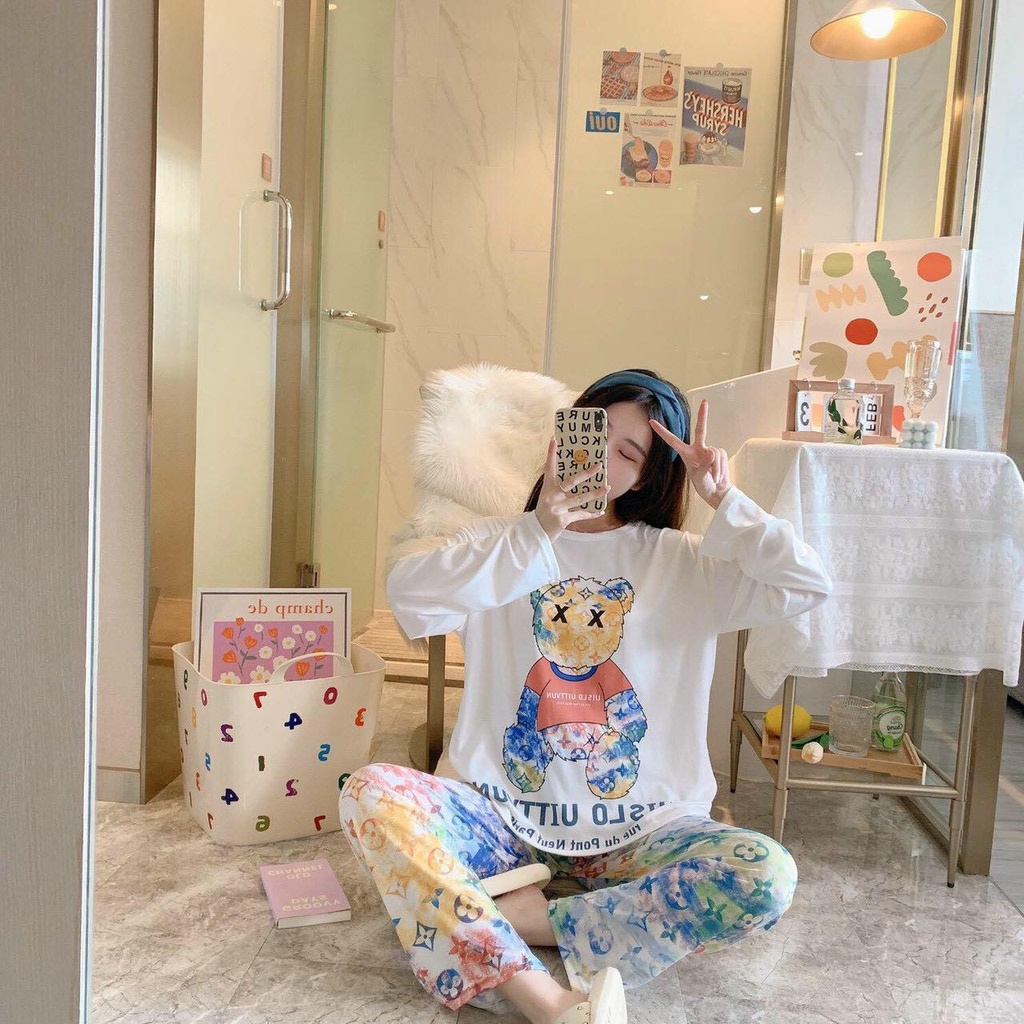 Set bộ đồ dành cho nữ, in hình gấu dễ thương, áo dài tay quần dài chất thun cotton mềm mại mát mẻ
