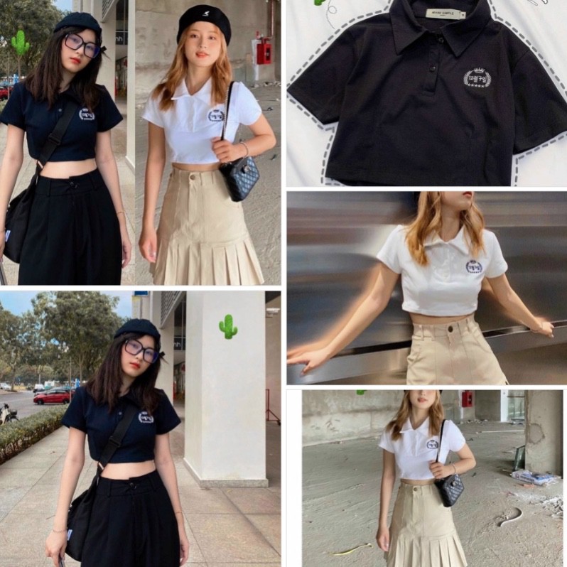 Áo thun croptop polo chữ Hàn tay ngắn năng động trẻ trung