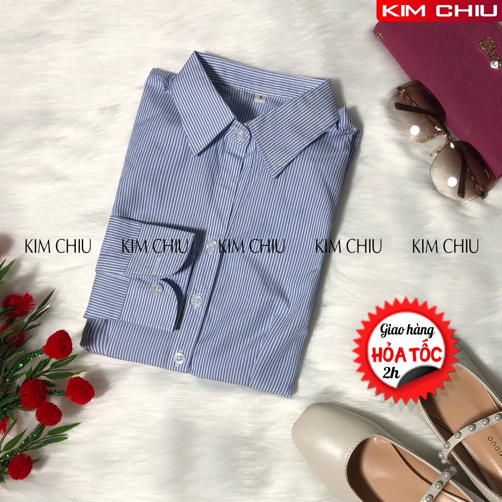 Áo Sơ Mi Nữ Công Sở KIM CHIU, Form Mai An, Sọc Kẻ Đậm Màu Xanh Tay Dài Vải Kate Mỹ Đẹp, Ít Nhăn, Giãn Nhẹ. SMTD01