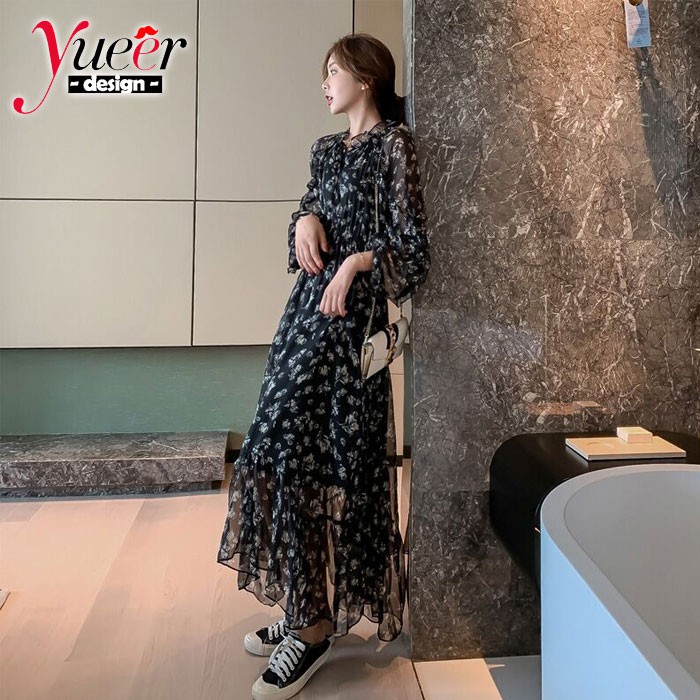 Đầm chiffon Dài Qua Gối Tay Dài In Họa Tiết Hoa Phong Cách Hàn Quốc Thời Trang Cho Nữ s-2xl