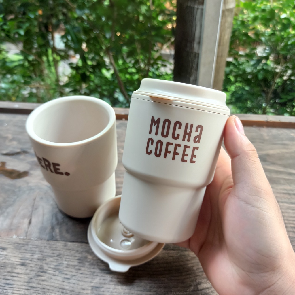 Cốc uống nước giữ nhiệt, cốc uống coffe cute màu ghi nắp xoay kèm lỗ cắm ống hút 320ml hàng nội địa Nhật Bản AD90