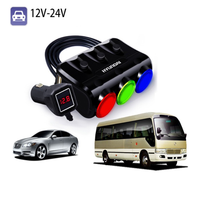 Bộ chia tẩu sạc trên ô tô, xe hơi Hyundai HY-26 Giao diện 2 cổng sạc USB + 3 tẩu chia - bảo hành 6 tháng