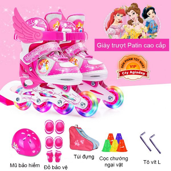 Bộ Giày trượt Patin trẻ em hàng hiệu Disney Princess - Full Mũ + Bộ bảo vệ + Túi + Quà - Giày Patanh có Ánh sáng