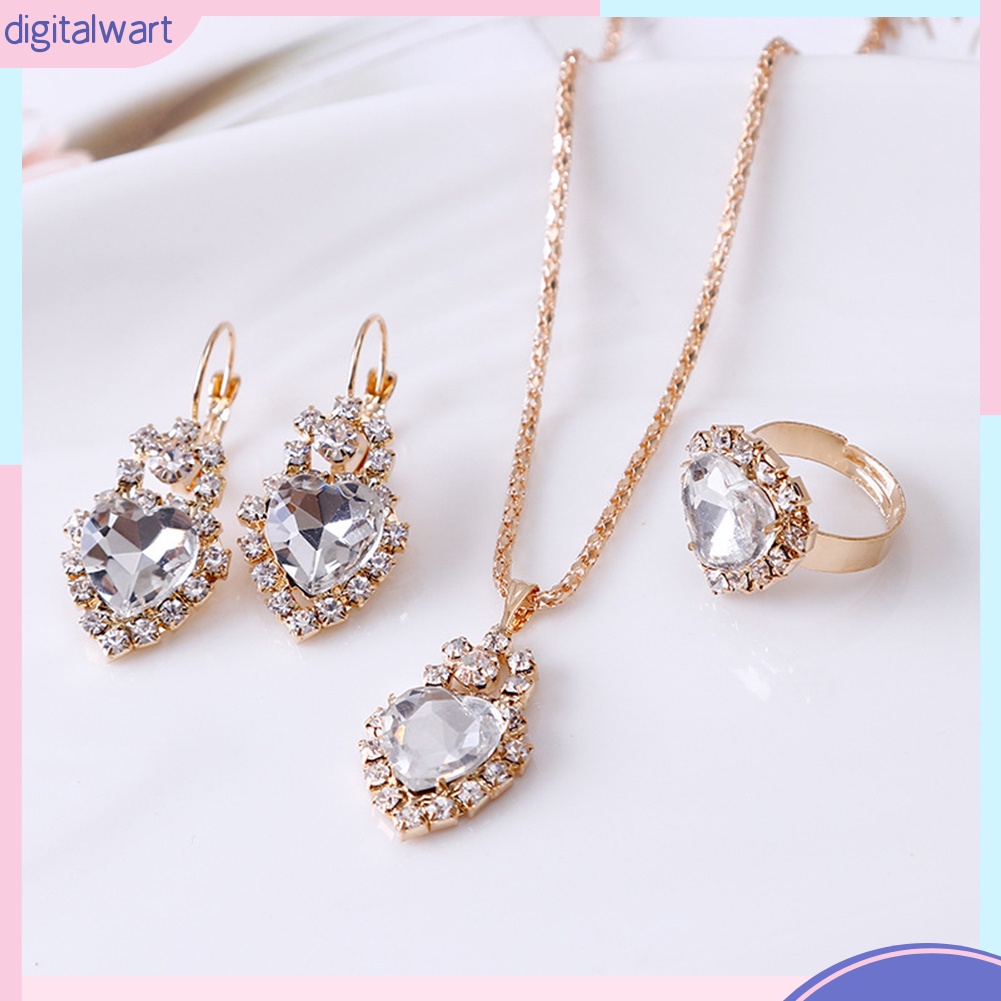 Bộ Vòng cổ + Bông Tai + Nhẫn Hình Trái Tim Đính Đá Lấp Lánh