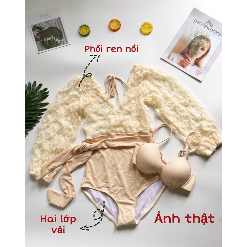 [HÀNG CAO CẤP]Bikini liền mảnh tay dài phối ren