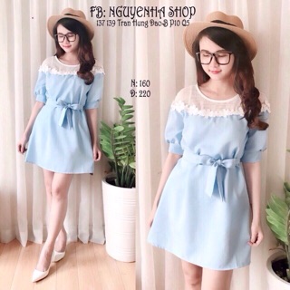 Đầm suông phối ren cột nơ eo