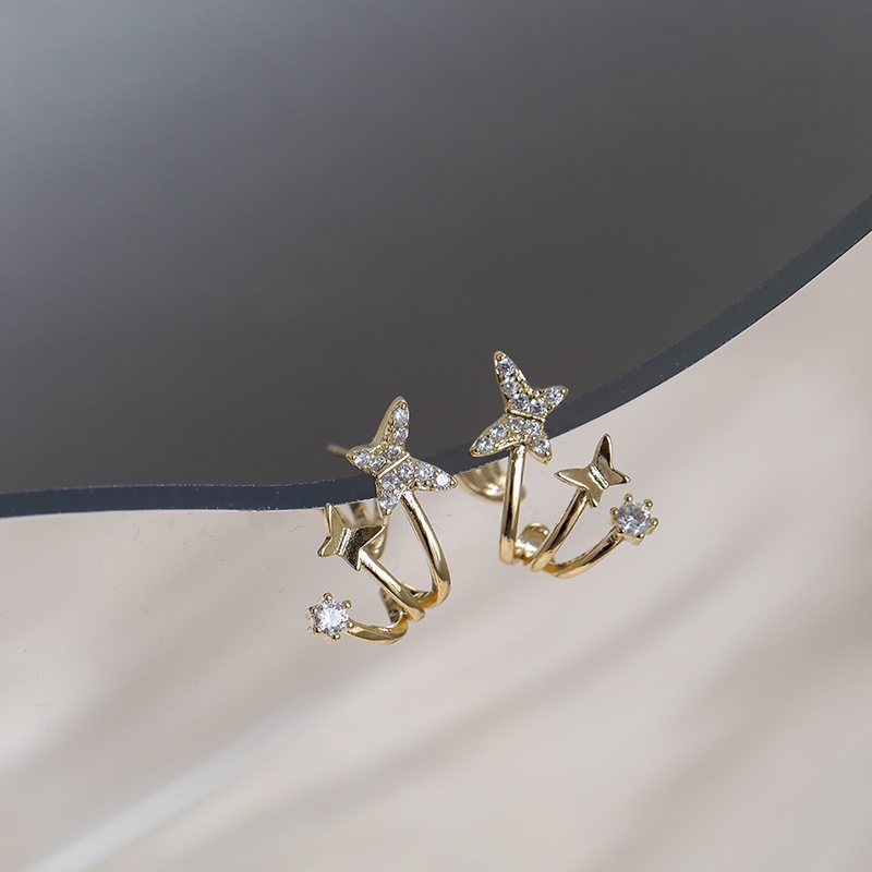 Bông Tai Ba Hàng Hình Bướm Đính Đá Lấp Lánh Phong Cách Hàn Quốc