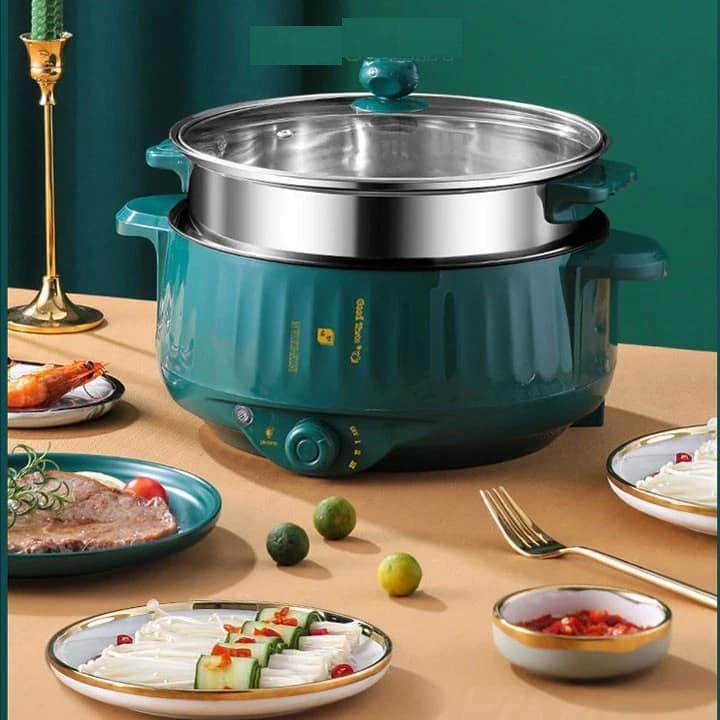 Nồi Lẩu Điện 28cm Núm Xoay 3 Mức Nhiệt Có Khay Hấp, Nồi Nấu Đa Năng Vân Đá Chống Dính Chiên Xào Tiện Lợi