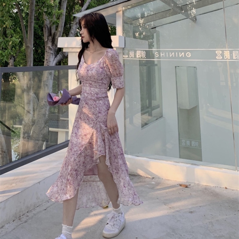 Đầm Maxi Tay Ngắn Hoạ Tiết Hoa Thiết Kế Xẻ Quyến Rũ