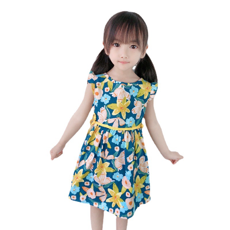 Váy xuân hè xanh bay tay hoa mùa hè công chúa cotton váy công chúa nữ hàn quốc