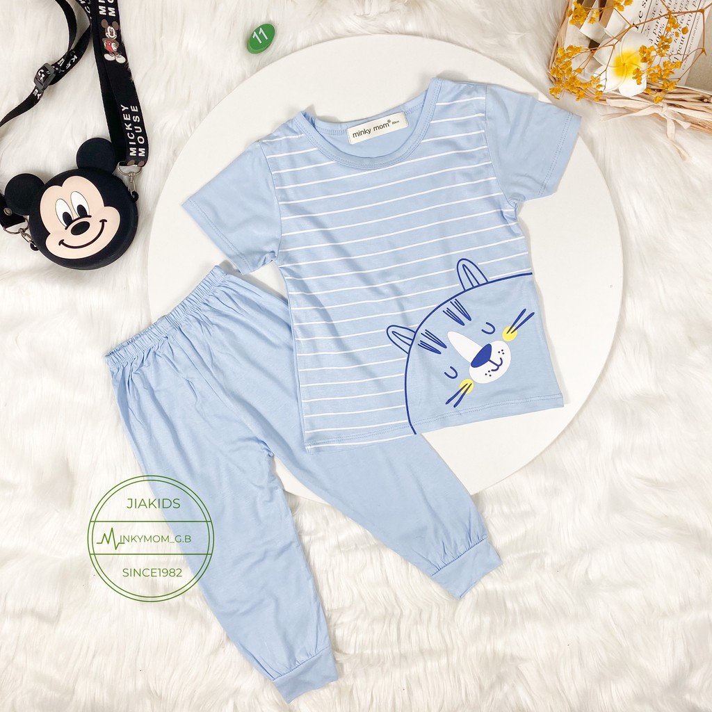 Bộ Ngắn Tay, Quần Dài THUN LẠNH MINKYMOM Áo Sọc In Hình Mặt Thú Cho Bé TN-IN65