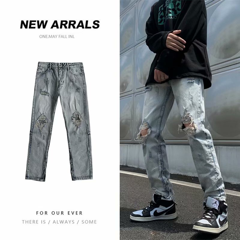 Quần Jeans nam Zipper Rách gối phong cách Streetwear, Quần bò rách gối đường phố - Hàng nhập khẩu