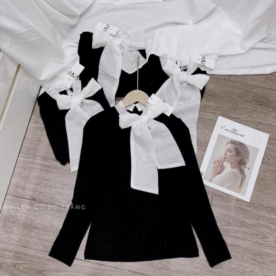 ÁO LEN TĂM NỮ DÀI TAY ĐEN CỔ NƠ TRẮNG HÀN QUỐC (ẢNH THẬT SHOP CHỤP) | BigBuy360 - bigbuy360.vn