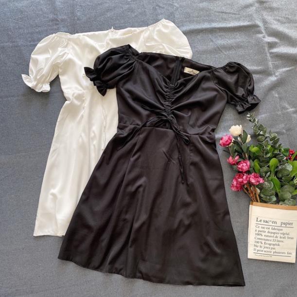 Đầm trắng Kikan Dress xoè nhẹ - đầm tay phồng có dây rút ở ngực - váy có lớp trong dày dặn ( kèm ảnh trải sàn )  ྇