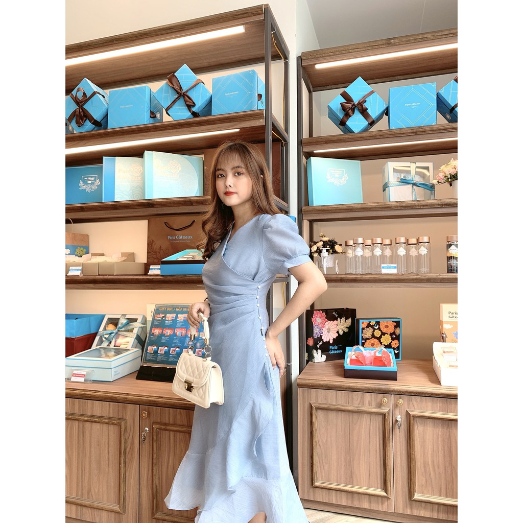 Đầm thiết kế chất đũi xếp li chéo eo phối cúc ngọc sang chảnh X1902_Linh Đan Shop [Kèm ảnh thật]
