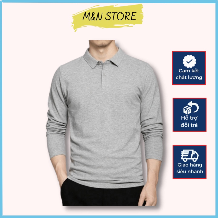 Áo thun nam dài tay cổ bẻ kiểu dáng trơn basic chất liệu cotton co giãn thoải mái