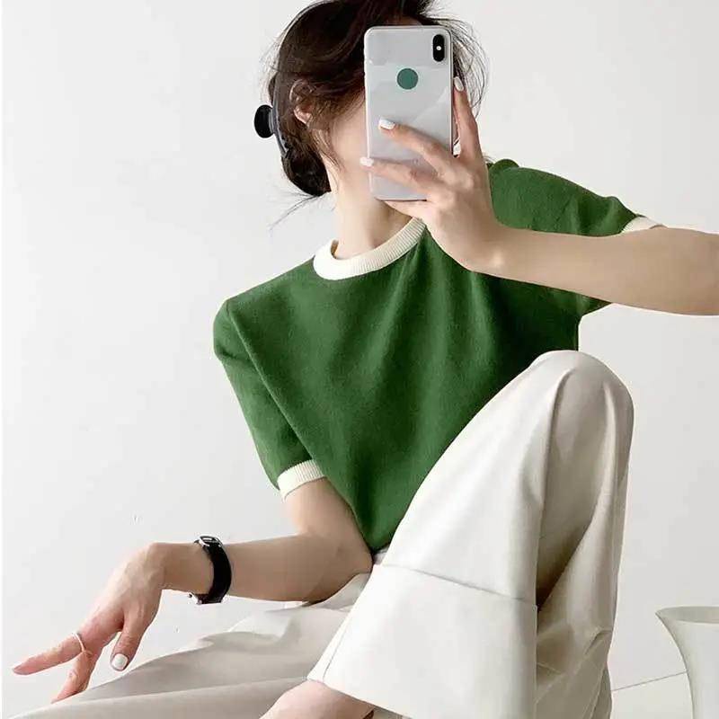 Áo Sweater Tay Ngắn Cổ Tròn Màu Sắc Tương Phản Phong Cách Retro