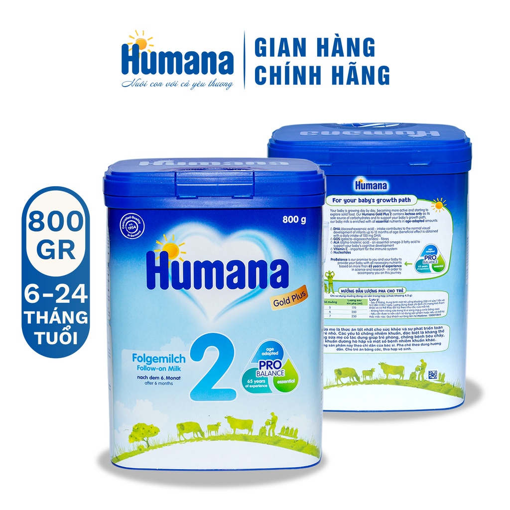 (Combo 2 Hộp) (Date 04/07/2024) Sữa Bột Công Thức Dành Cho Trẻ Humana Gold Plus 2 (800g) - Nhập Khẩu 100% Từ Đức