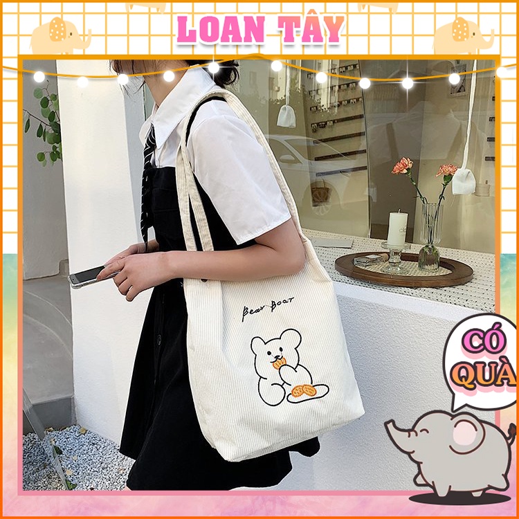 Túi Vải Nhung 2 Lớp Gấu Ăn Bánh Quy L1908 - LoanTay