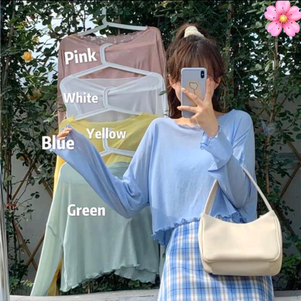 Set Croptop 5 màu Tay Dài Viền Bèo Nữ - Bộ áo phông giấy kèm áo 2 dây thun trơn bánh bèo tiểu thư ulzzang HOT