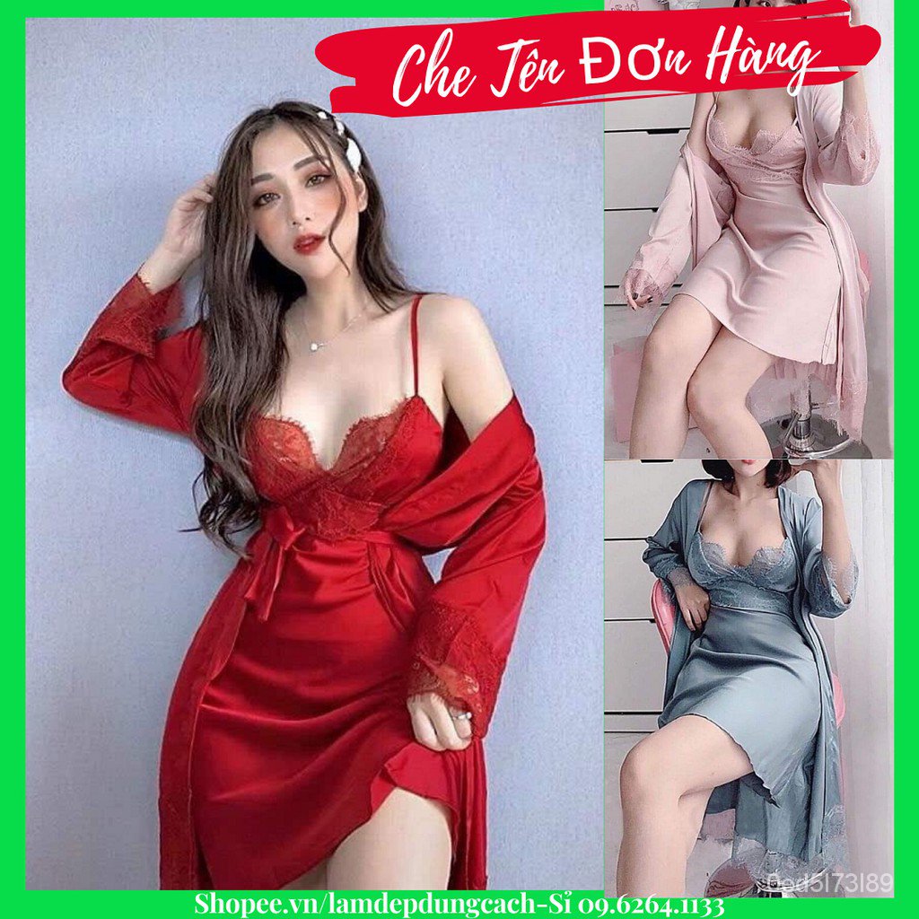 Sét Đầm Ngủ Lụa Satin Nữ Gồm Váy Ngủ 2 Dây Sexy Và Áo Choàng Gợi Cảm Phối Ren Dễ Thương MNT -Có Bán Lẻ Và Bán Nguyên sé]