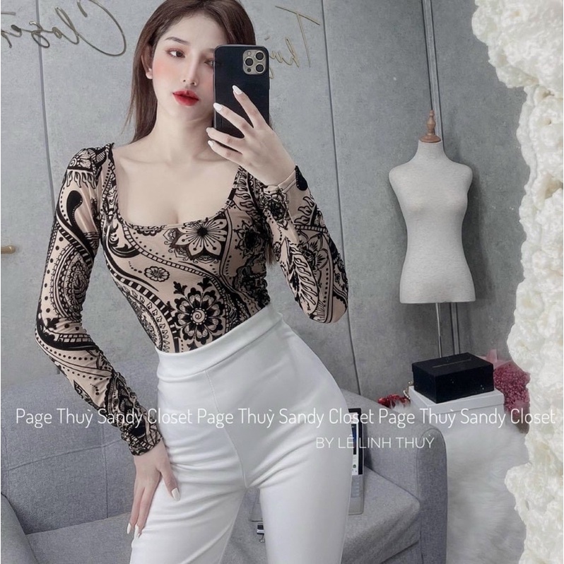 Áo lưới cổ U dài tay hoạ tiết, Áo kiểu cổ vuông dáng ôm sexxy AK0612 - NhiNhi Shop | BigBuy360 - bigbuy360.vn