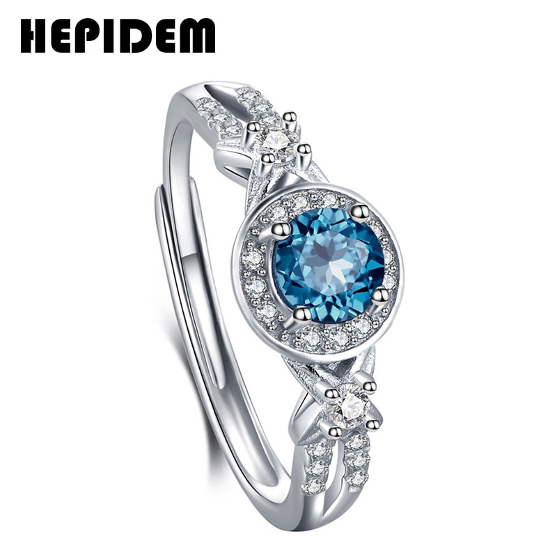 HEPIDEM 100% Thực sự Nhẫn Topaz Phụ nữ 925 Sterling Silver Natural Blue Gemstone Vòng đeo tay Đám cưới Quà tặng đính hôn Đồ trang sức đẹp H006