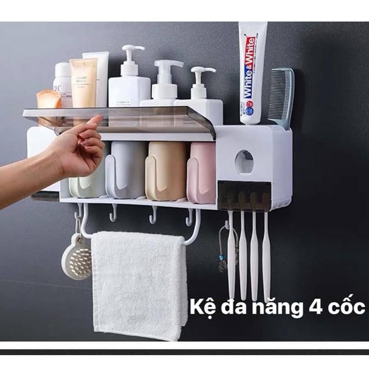 [TẶNG 4 CỐC] Bộ kệ có móc treo bàn chải đánh răng và lấy kem đánh răng tự động kèm giá phơi khăn mau khô