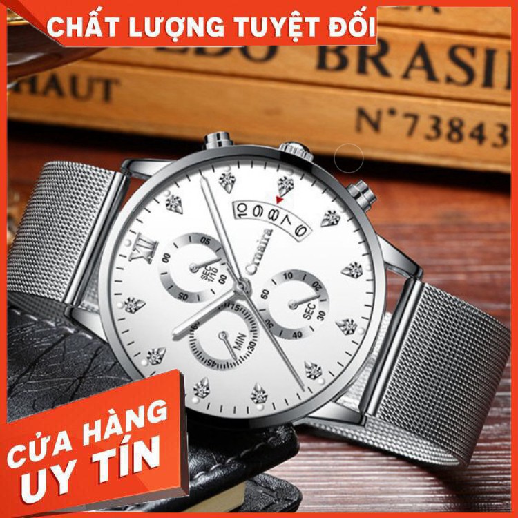 Đồng Hồ Nam Chính Hãng CRNAIRA Japan Dây Thép Mành Cao Cấp, Chạy Full Kim + Lịch Ngày, Kim Dạ Quang - Hàng nhập khẩu