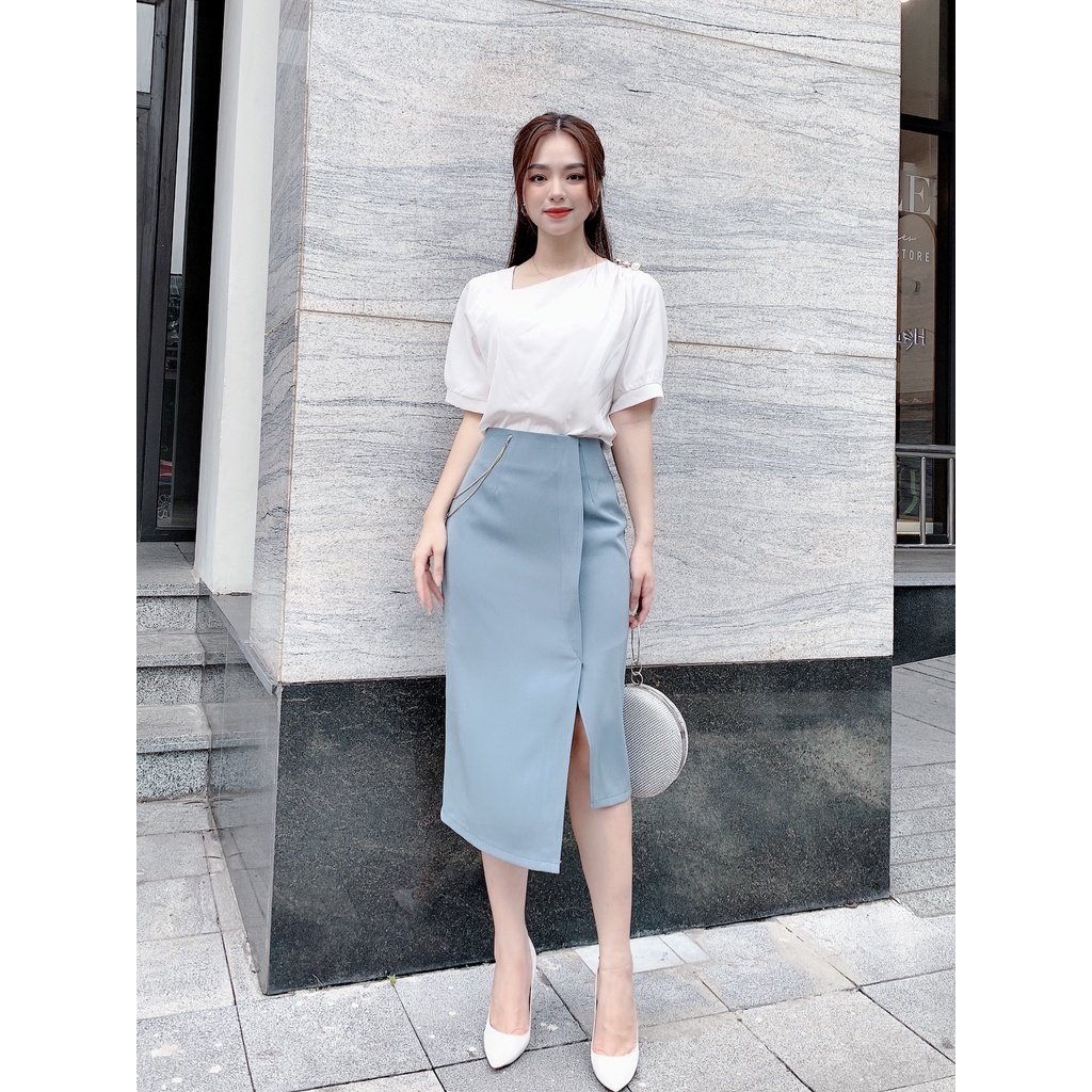 Áo sơ mi nữ lụa mềm mát cổ chéo đính khuy công sở ngắn tay HILA (A870)