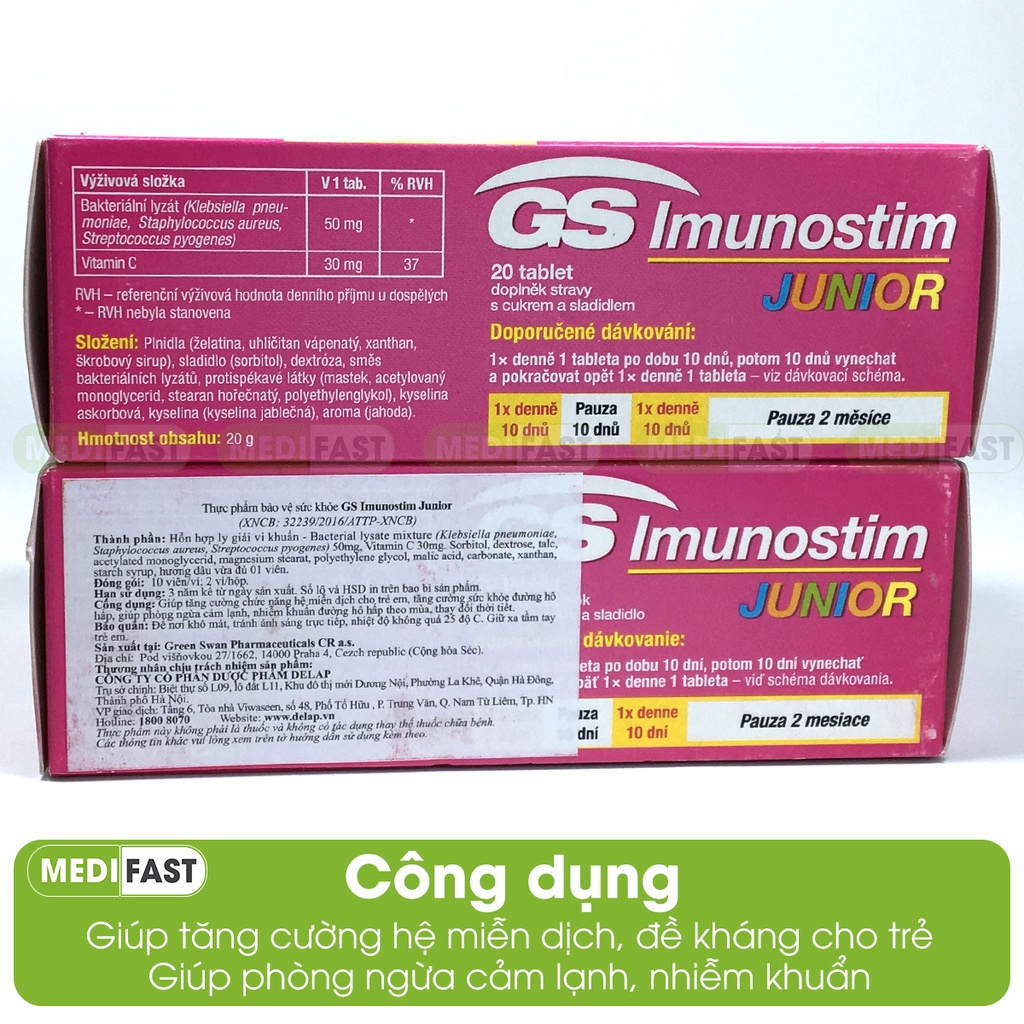 GS Imunostim Junior - Tăng cường sức khỏe đường hô hấp cho bé, phòng cảm lạnh, nhập khẩu từ Ý - Hộp 20 viên