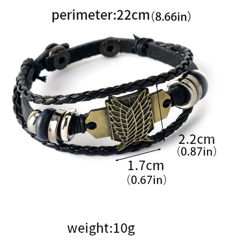 Vòng Tay Dây Da Bện Nhiều Lớp Mặt Kim Loại Khắc Hình Attack on Titan