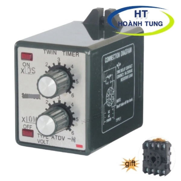 Timer đôi ATDV-N relay thời gian chế độ luân phiên điện áp 220VAC tặng kèm chân đế PF083A