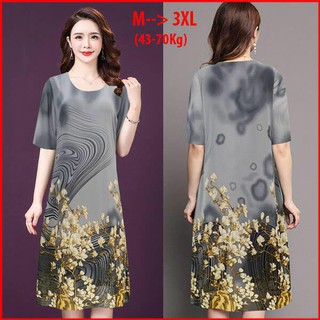 Đầm dự tiệc trung niên - Đầm suông cổ tròn in hoa trắng