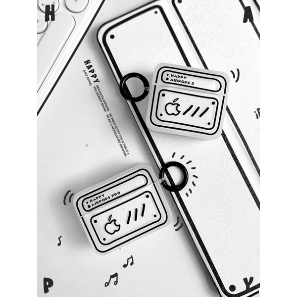 Case Airpod 1/2/Pro/3 Hình Hộp Trắng Đen In Hình Quả Táo