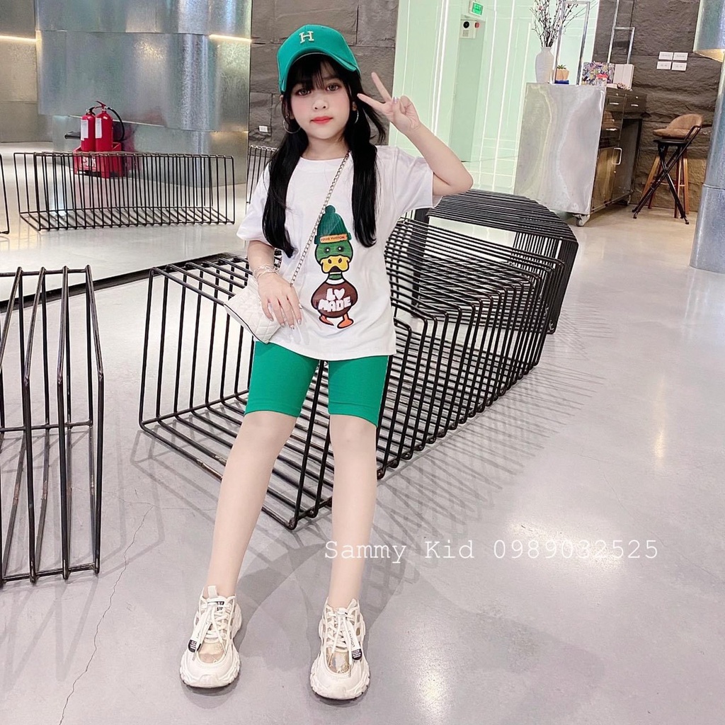 Đồ bộ bé gái, Set Áo phông thun cotton dáng thụng hình vịt và Quần legging đùi vải Zip tăm size Đại 18-33 kg, SUN KID'S