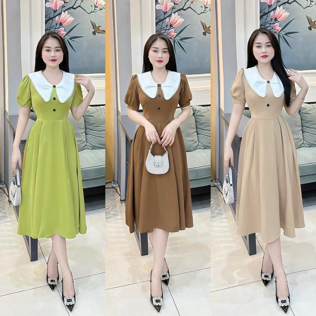 Đầm lụa maxi đính nút cổ bẻ nhọn ngắn tay