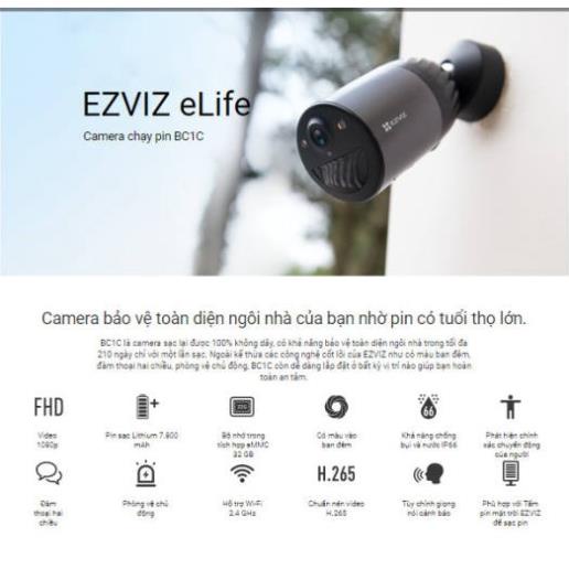 Camera IP Wifi không dây ngoài trời Dùng Pin Sạc in EZVIZ CS-BC1C Full HD 2MP - tùy chọn kèm pin mặt trời CS-CMT-Solar