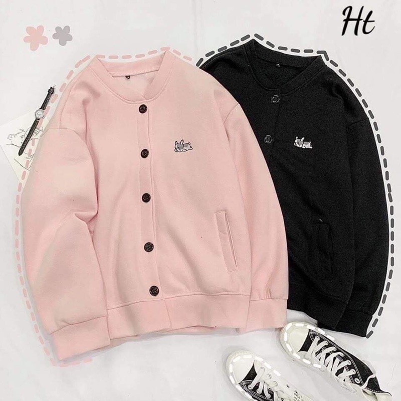 Áo khoác nỉ bomber dáng cadigan nỉ bông logo cún poppy lazy ULZZANG