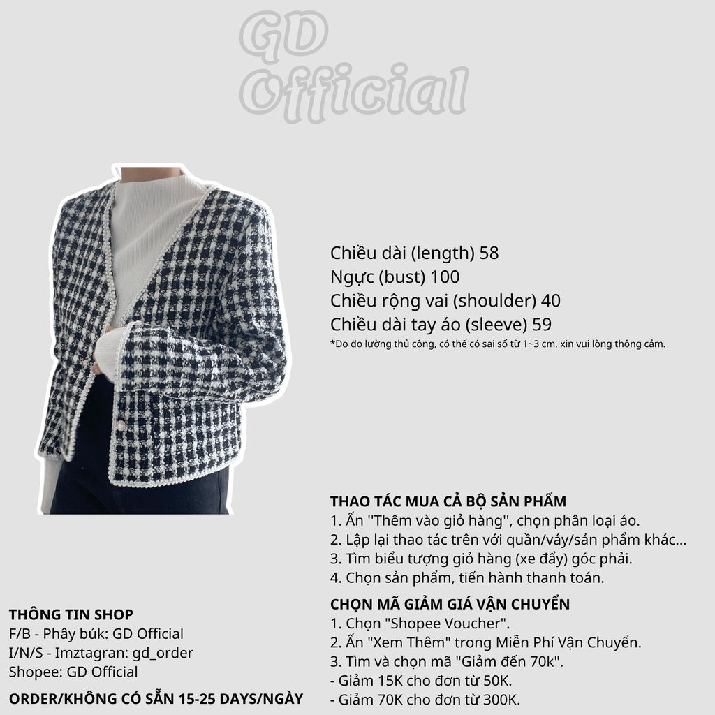 K98|Áo khoác dạ tweed mỏng nhẹ nhàng sang trọng cho nữ dáng ngắn màu be, đen GD Official