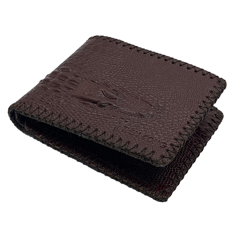 Ví Nam Ngang Da Bò Dập Vân Cá Sấu May Viền Tiến Công Màu Nâu Đỏ - TCN1041