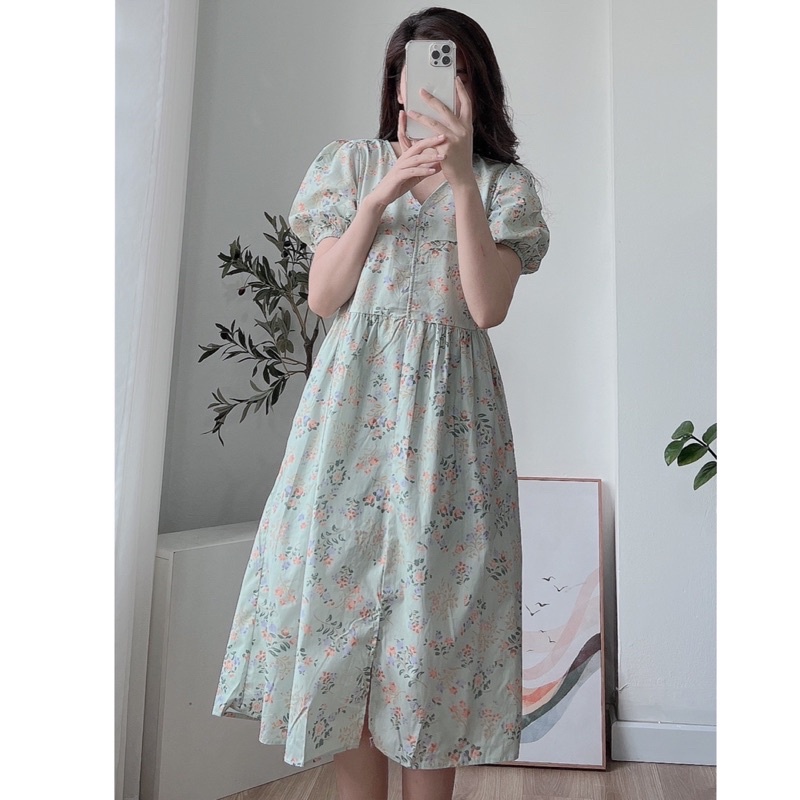 Váy babydoll dáng dài đầm hoa tay phồng xuân hè 2022 thiết kế mới kiểu Pháp Kozoda D57