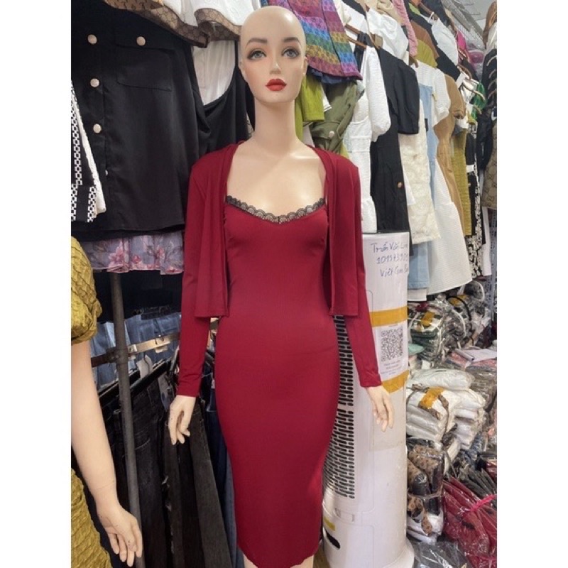 Đầm  2 dây kém áo khoác  chất vải thun gân