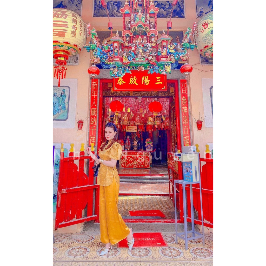 Bộ Đi Lễ Chùa Nữ Đồ Lam Đi Chùa Lụa Gấm Nổi Cao Cấp Tay Phồng